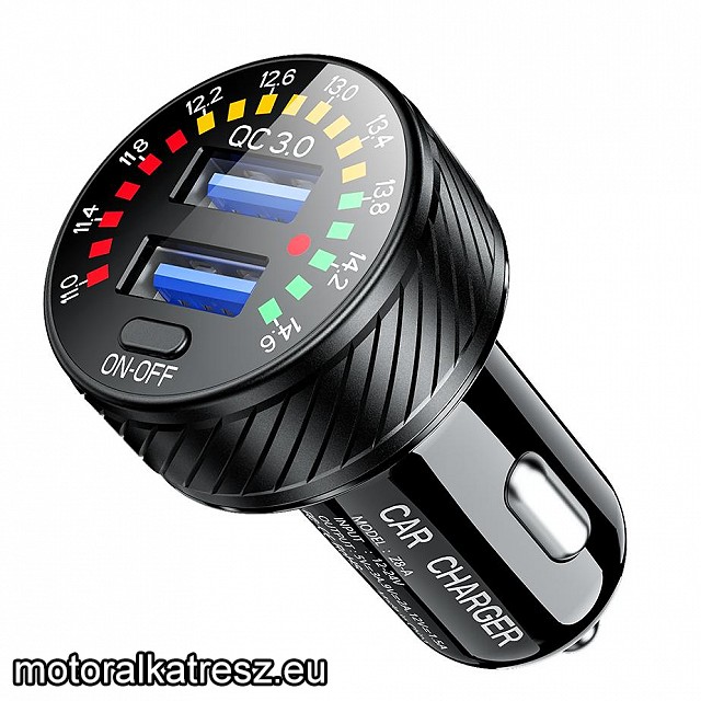 Biketec 12V szivargyújtóba dugható 2 USB-s QC3.0 gyorstöltőaljzat voltmérővel BTMUS315