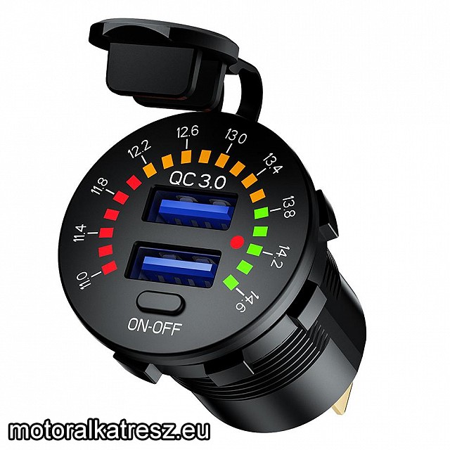 Biketec 12V beépíthető 2 USB-s QC 3.0 gyorstöltőaljzat voltmérővel BTMUS44
