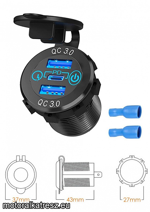 Biketec 12V beépíthető 2 USB + 1 Type-C QC3.0 gyorstöltőaljzat BTMUS15