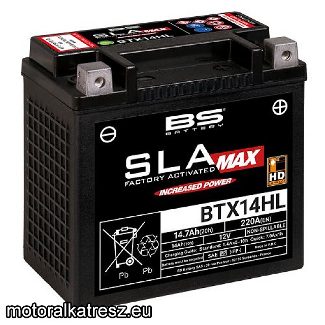 BS SLA MAX BTX14HL gyárilag zárt akkumulátor (360°-ban forgatható, emelt indítóáramú)